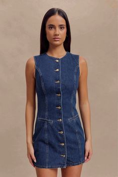 Jane Button Down Denim Mini Dress - Dark Blue Denim Dress Button Down, Button Down Denim Dress, Festival Inspo, Style Goals, Italy Outfits, Fall 24, Jane Dress, Princess Seams, Denim Mini Dress