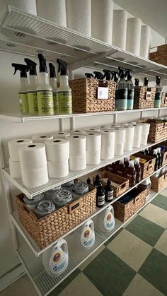 the shelves are filled with different types of toiletries