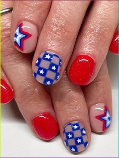 Short Fake Nails, 4th Of July Nails, Nail Art Set, Red Nail Designs, Bling Acrylic Nails, Womens Nails, Stick On Nails