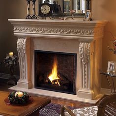 a living room with a fire place in the center and a clock on top of it