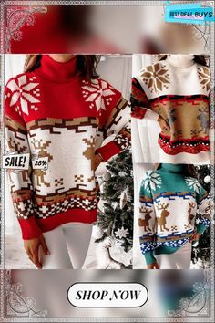 Loose Christmas Winter Turtleneck Elk Knitted Sweater Winter Jacquard Knit Acrylic Sweater, Winter Acrylic Jacquard Knit Sweater, Cozy Multicolor Winter Tops, Casual Christmas Sweater For Cold Weather, Cozy Christmas Knit Sweater, Cozy Festive Christmas Sweater, Cozy Christmas Festive Sweater, Cozy Christmas Holiday Sweater, Cozy Knit Sweater For Holidays