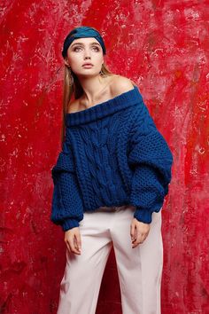 "This blue chunky sweater off the shoulder will be one of the most beloved and irreplaceable things in the wardrobe that you can wear for almost any occasion. This blue knitted sweater will help every girl to feel her uniqueness and charm. This wool sweater is very fashion and popular sweater.This Hand knitted sweater is soft, draped very nicely. The bare shoulders, the correct length, the free cut and the long lowered sleeve of the sweater make the look very feminine, emphasizing at the same ti Blue Chunky Sweater, Blue Knitted Sweater, Sweater Off The Shoulder, Knit Sweater Women, Woolen Clothes, Oversized Sweater Women, Sweater Chunky, Pull Oversize, Boho Sweater