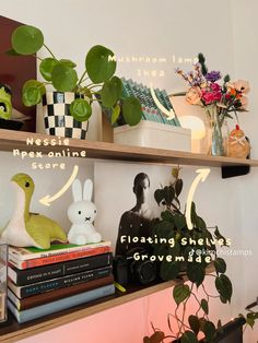 the shelves are filled with books, plants and figurines on top of them