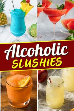 alcoholic slushies collage with pineapple, watermelon, and oranges