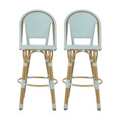 two white wicker barstools with blue and gold trimmings on them