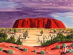 a painting of a desert scene with a large rock in the distance and trees around it