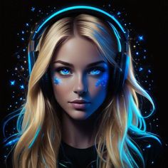 a woman with headphones on her ears and glowing blue eyes is looking at the camera