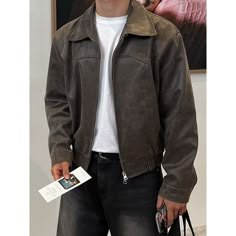 Men’s Vintage Lapel Leather Jacket Fabric: PU Size: M, L, XL, 2XL Multiple Color Selections: Brown Season: Spring, Fall, Winter Mens Brown Leather Jacket, Mens Fall Outfits, 90s Fashion Men, Lapel Coat, Pu Leather Jacket, Retro Shorts, Leather Jacket Outfits, Elegante Casual