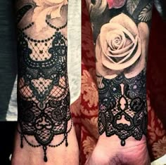 two people with tattoos on their arms and one has a rose in the middle of it