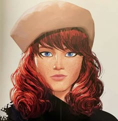 a painting of a woman with freckles on her hair and wearing a hat