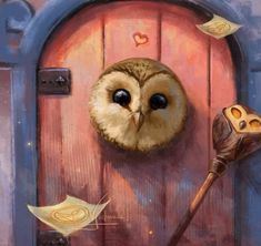 an owl is peeking out from behind a door with a broom and umbrella in front of it