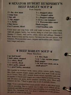 a recipe for beef barley soup is shown on a white piece of paper with black writing