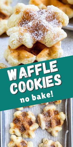 waffle cookies with powdered sugar on top and the words waffle cookies no bake