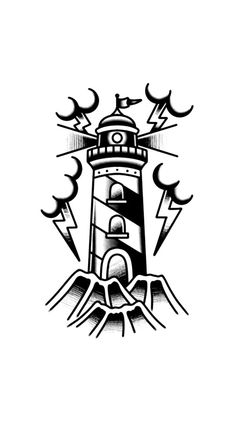 a black and white drawing of a lighthouse on top of a mountain with lightning coming out of it