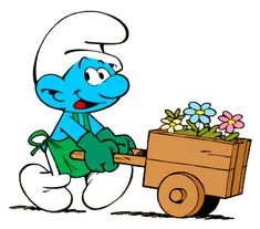 the smurf is pushing a wheelbarrow with flowers in it's hand