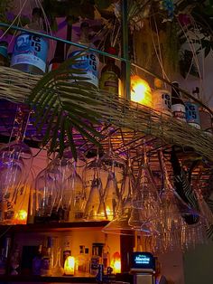 several wine glasses are hanging from the ceiling above a bar with palm leaves on it