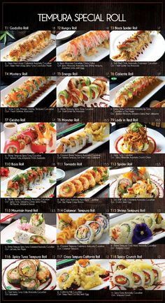 the menu for tempura special roll with different types of sushi on it