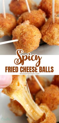 deep fried and spicy cheese balls with toothpicks