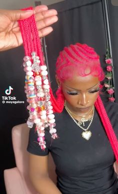 Pink And Black Cornrows, Pink Bob Braids, Pink Hair Styles Braids, Black And Rainbow Braids, Pink Hair Beads, Pink Hair Black Women Braids, Hot Pink Braids Black Women, Hairstyles With Color Braids, Dyed Braids For Black Women