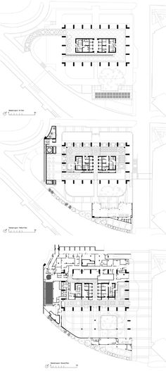 the plans for an airport terminal and parking lot are shown in blueprints, including two