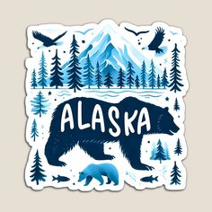 a sticker with the words alaska and an image of a bear, eagle, and mountain