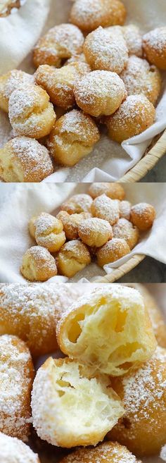 two pictures of powdered sugar donuts in a basket