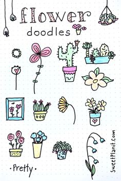 a drawing of flowers and potted plants on a sheet of paper with the words, flower doodles pretty