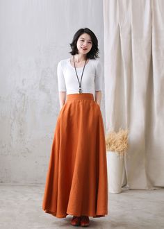 "You'll feel ultra chic and modern wearing the A Line skirt throughout the year, the long skirt will be a prefect on for your summer autumn. DETAIL * More colors available https://etsy.me/3ifY3Py * 100% pure linen * Two side pockets * Right Hidden Zipper closure * Back elastic waistband * Maxi linen skirt, long linen skirt, Plus size Skirt * Ankle length effect * Perfect for Summer, spring and Autumn * Machine Washable in Warm/Cold Water/Do not bleach /Mid-iron /Hang Dry *The model is 170 cm (5′ Maxi Linen Skirt, Maxi Skirt With Pockets, Long Linen Skirt, Linen Maxi Skirt, Skirt Flowy, Fall Skirt, Midi Skirt With Pockets, Maxi Rok, Pleated Long Skirt