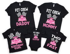 three matching t - shirts that say pit crew, daddy, and mommy