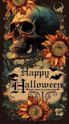 a happy halloween card with a skull and sunflowers