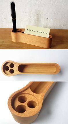 a pen holder made out of wood with two holes in the bottom and one hole in the middle