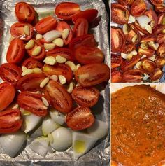 there are four different types of food on the pans, including tomatoes and onions