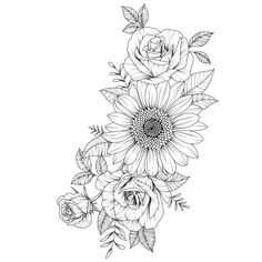 a black and white drawing of flowers with leaves on the bottom half of each flower