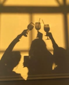 two people holding up wine glasses in front of a window with the sun shining through them