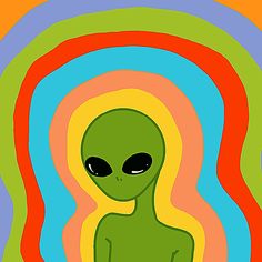 alien on a rainbow background Easy Psychadelic Art Painting, Alien Aesthetic Drawing, Ufo Painting Easy, Alien Abduction Art, Halloween Pumpkins Carvings Designs, Alien Painting, Trippy Alien, Alien Artwork, Art Alien