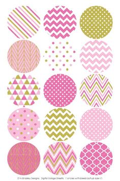 pink, green and gold polka dot circles with chevrons in the center on a white background