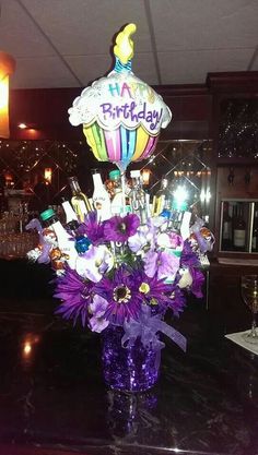 Birthday liquor bouquet/purple 21st Birthday Bouquet, Liquor Baskets, Make A Flower Bouquet, Booze Bouquet, Alcohol Bouquet, Wine Bouquet, Alcohol Gift Baskets, Liquor Bouquet, Birthday Baskets