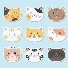 cute cartoon cats with different facial expressions on their faces, set of six stickers