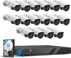 8 cameras and 16 surveillance cameras in front of a white background