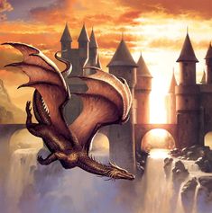 a painting of a dragon flying over a castle