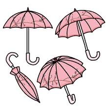 three pink umbrellas with black handles are shown