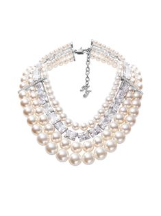 Introducing the Suzette Pearl Necklace, a breathtaking statement piece from our collection. Crafted with meticulous attention to detail, this necklace features four layers of luminous pearls and dazzling crystals, exuding an aura of timeless sophistication and glamour.  At its core, each lustrous pearl radiates elegance, while the interplay of crystals adds a captivating sparkle that catches the eye from every angle. The layered design offers depth and dimension, creating a stunning focal point Luxury Diamond White Pearl Necklace For Anniversary, Luxury Cartier Necklaces For Evening, Luxury Pearl Necklace, Bridal Diamond Necklace, Cats Eye Stone, Expensive Jewelry Luxury, Swarovski Jewelry, Expensive Jewelry, Classy Jewelry