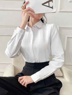 Women'S Shirt Solid Color Long Sleeved Business Interview Commuting Casual Relaxed Feeling Simple Elegant Spring Summer Autumn Shirt,Long Sleeve Tops White Casual  Long Sleeve Fabric Colorblock,Plain Shirt Non-Stretch  Women Clothing, size features are:Bust: ,Length: ,Sleeve Length: White Long Sleeve Office Tops, White Long Sleeve Tops For Office, White Office Lady Tops For Work, Solid Long Sleeve Shirt For Office, Formal White Tops For Office, Formal White Tops For Office Ladies, Formal White Office Lady Top, White Plain Office Tops, White Plain Top For Office