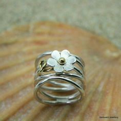 Unique Sterling Silver Open Flower Ring, Unique Sterling Silver Flower Ring, Handmade Unique White Gold Stackable Rings, Unique Handmade Stackable White Gold Rings, Unique Handmade White Gold Stackable Rings, Ring Roller, Art Nouveau Ring, Wide Silver Ring, Unusual Rings