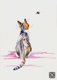 a watercolor painting of a cat looking up at a bee flying in the sky