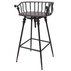 an iron bar stool with black wood seat