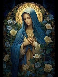 the immaculate mary with roses and blue shawl in front of a black background, surrounded by flowers