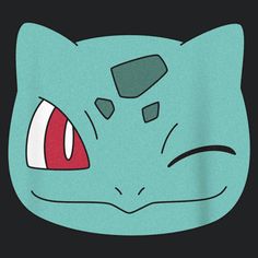 the face of a cat with red eyes and big, green ears is drawn in cartoon style