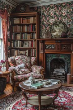 a living room filled with furniture and a fire place in front of a book shelf