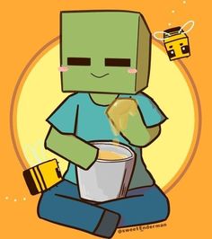 an image of a minecraft character eating something out of a bucket and holding a cup